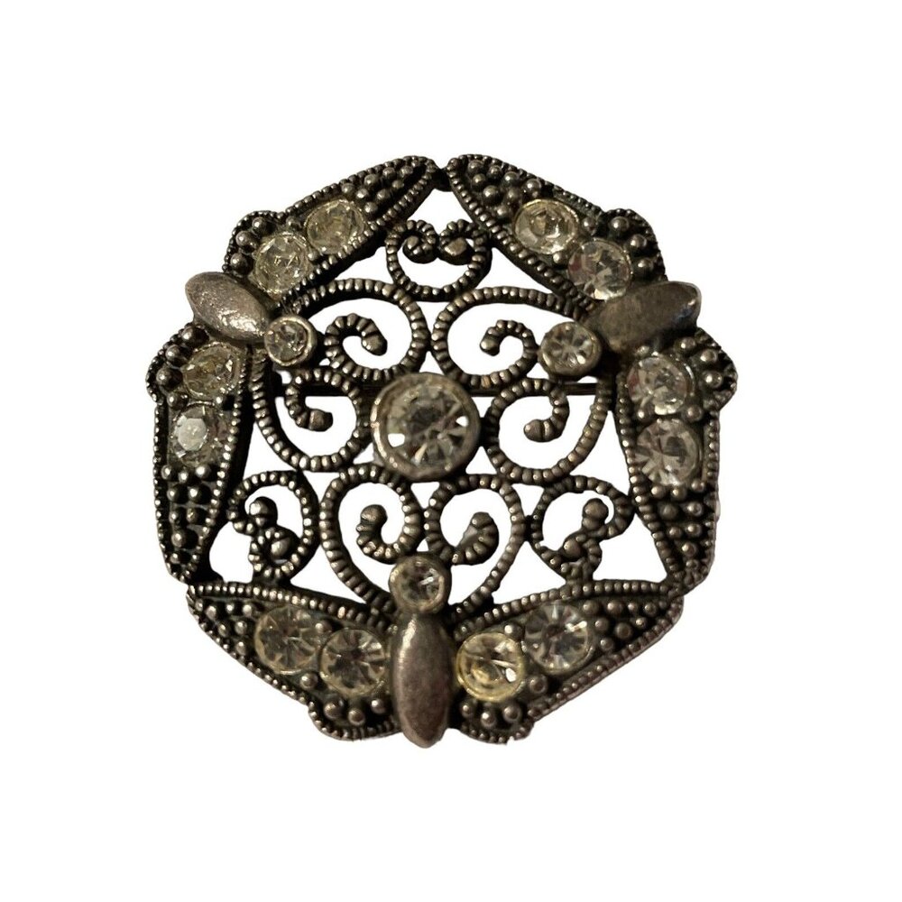 VTG 1928 Rhinestone Silver Tone Filigree Brooch Pin Open Work Art Deco Style - Picture 2 of 8
